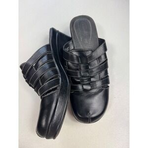 Dr. Scholls Black‎ Leather Woven Detail Clogs Mules Slides Comfortable Shoes